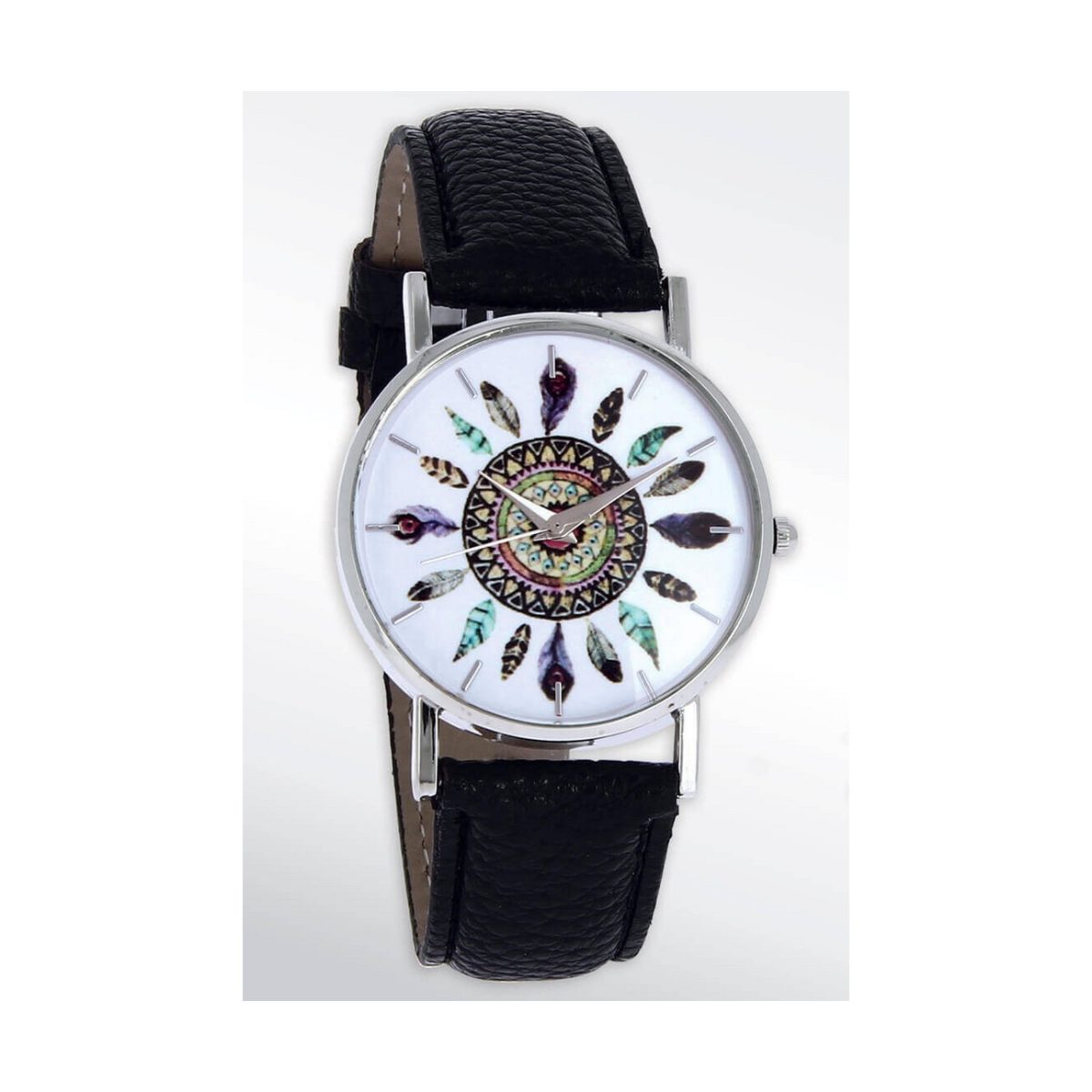 Hodinky s okrúhlym bielym ciferníkom s pierkami a čiernym koženkovým remienkom. Hodinky s okrúhlym bielym ciferníkom s pierkami a čiernym koženkovým remienkom.